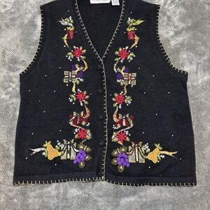 Victoria Jones Christmas Sweater Vest Black Embroidered Beaded Holiday Large